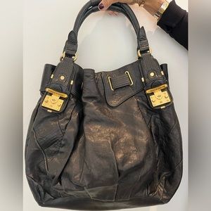 Juicy Couture Black Leather Shoulder Hobo Bag w Gold Detail